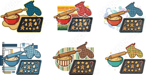 Christmas cookie baking illustrations, rolling pin bowl oven mitt, gingerbread cookies tray, festive holiday kitchen elements, colorful vector set