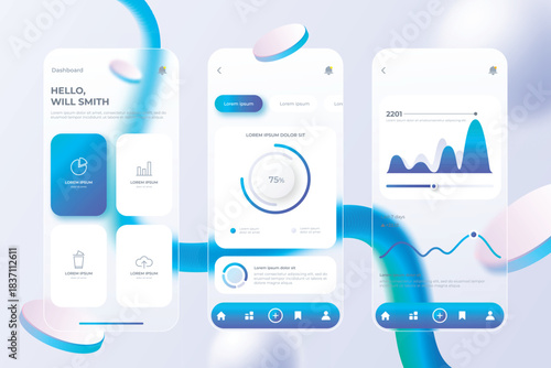 Modern ui ux design elements with colorful futuristic icons and interface elements on a gradient blue background.
Futuristic digital interface elements including glowing icons touchscreens and gauges.