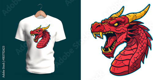 Detailed t-shirt vector illustration of a fierce red dragon head with sharp golden horns, expressive glowing eyes, segmented scale textures, open snarling jaws showing pointed teeth, and bold layered