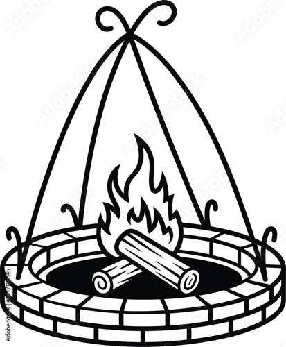 Black and White Illustration of a Brick Fire Pit with Burning Logs and Frame bonfire campfire