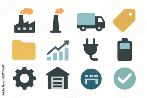 Set chimney plug tag folder factory vector icon battery chart checkmark industrial