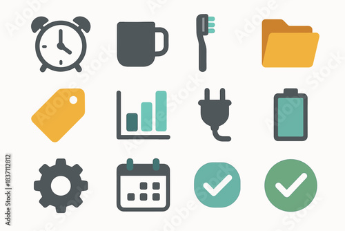 Mug routine daily coffee icons icon chart toothbrush vector plug clock folder