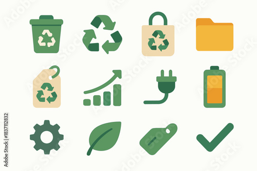 Cycle bag icons reuse gear leaf icon vector plug checkmark bin chart