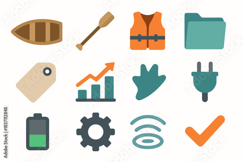 Oar battery boat gear icon wooden folder minimal ripple vector rowboat tag