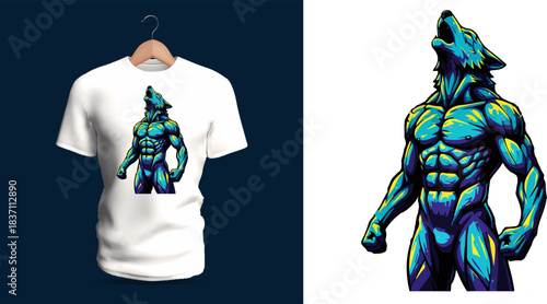 Dynamic t-shirt vector illustration of a muscular humanoid wolf standing tall while howling upward, featuring heavily defined chest and arm anatomy, layered fur textures, glowing teal-and-purple