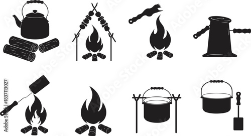 Camping cooking silhouettes, campfire kettle icons, outdoor grill tools, firewood symbols, rustic wilderness cooking elements, black campfire barbecue illustration set