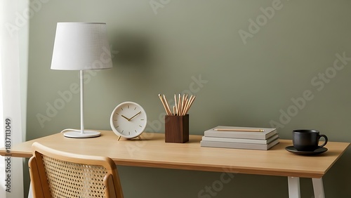 Minimalist desk setup with lamp, clock, and coffee cup.