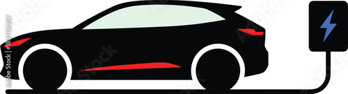 Black Electric Vehicle (EV) Charging at a Station with a Lightning Bolt Icon, Representing Sustainable Transportation, Future Technology, and Clean Energy