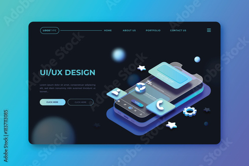 Modern ui ux design elements with colorful futuristic icons and interface elements on a gradient blue background.
Futuristic digital interface elements including glowing icons touchscreens and gauges.