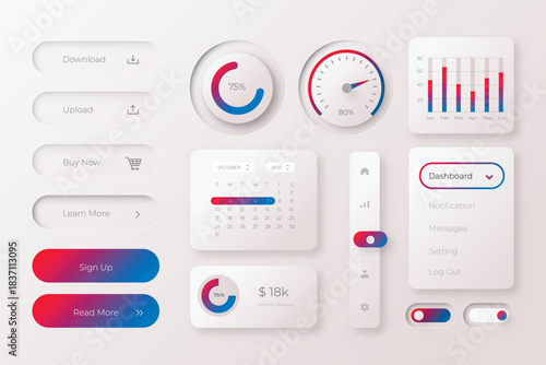Modern ui ux design elements with colorful futuristic icons and interface elements on a gradient blue background.
Futuristic digital interface elements including glowing icons touchscreens and gauges.