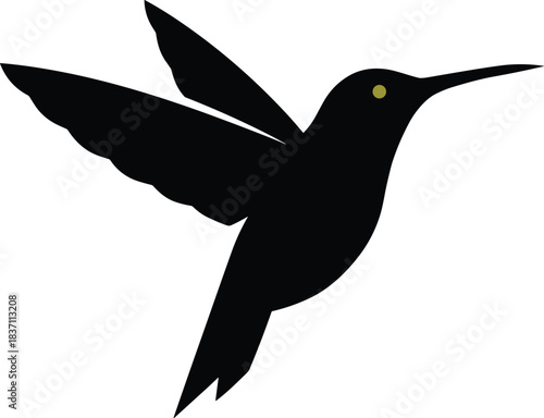 Hummingbird Silhouette in Flight with Beating Wings and Gold Eye Detail, Black Vector Illustration Representing Speed, Nature, and Agility