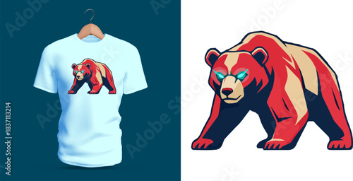 Vivid t-shirt vector illustration of a stylized bear rendered in bold red and blue color blocks, featuring angular body shapes, glowing turquoise eyes, low predatory posture, sharp contrasting shadows