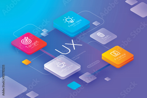 Modern ui ux design elements with colorful futuristic icons and interface elements on a gradient blue background.
Futuristic digital interface elements including glowing icons touchscreens and gauges.