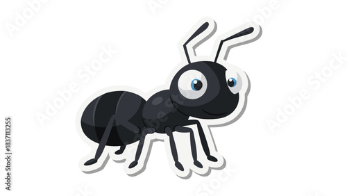 Cute cartoon ant illustration with large blue eyes and black body on a plain black background with white outline and shadow effect