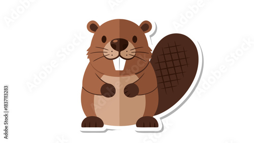 Cute Cartoon Beaver Character With Big Teeth And Bushy Tail Standing And Smiling Against Black Background With White Outline And Shadow