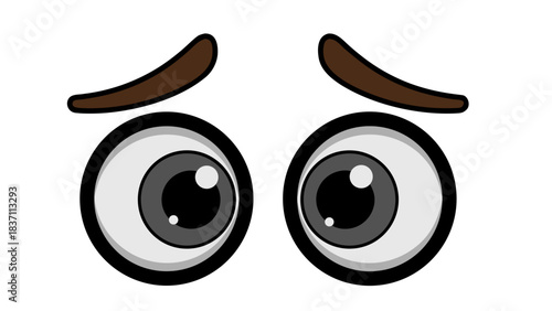 Close up of cartoon eyes looking sideways with worried eyebrows against a dark background conveying emotion