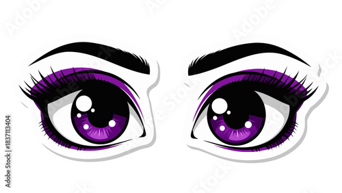 Close Up Of Stylized Purple Eyes With Long Eyelashes And Thick Eyebrows Expressing Intensity And Focus Against A White Background And Black Outline