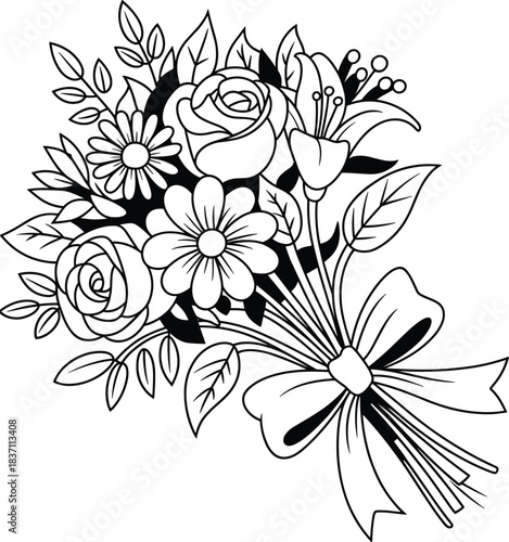Black and White Line Art of a Floral Bouquet with a Ribbon Bow Keywords: bouquet, flowers