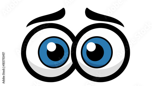 Close Up Of Two Blue Cartoon Eyes With White Sclera Set Against A Black Background