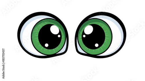 Close up of two big green cartoon eyes with black pupils and white sclera against a black background the irises have fine green radial lines suggesting a cartoonish expression of curiosity or surprise