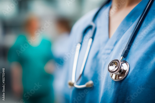 Focused view of medical professional wearing blue scrubs and stethoscope with blurred healthcare team in the background during hospital shift
