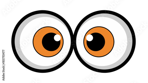 Close up of two cartoonish cartoon eyeballs with bright orange irises and white scleras against a black background with a surprised or curious expression digital art