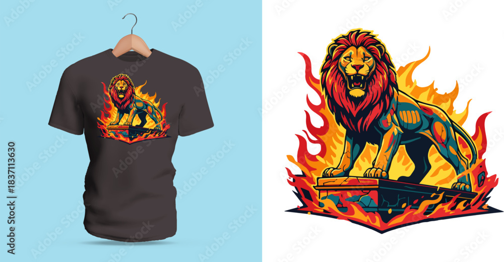 Obraz premium Intense t-shirt vector illustration of a majestic lion standing proudly atop a rocky platform while surrounded by large rising flames, featuring a powerful golden mane, confident forward gaze