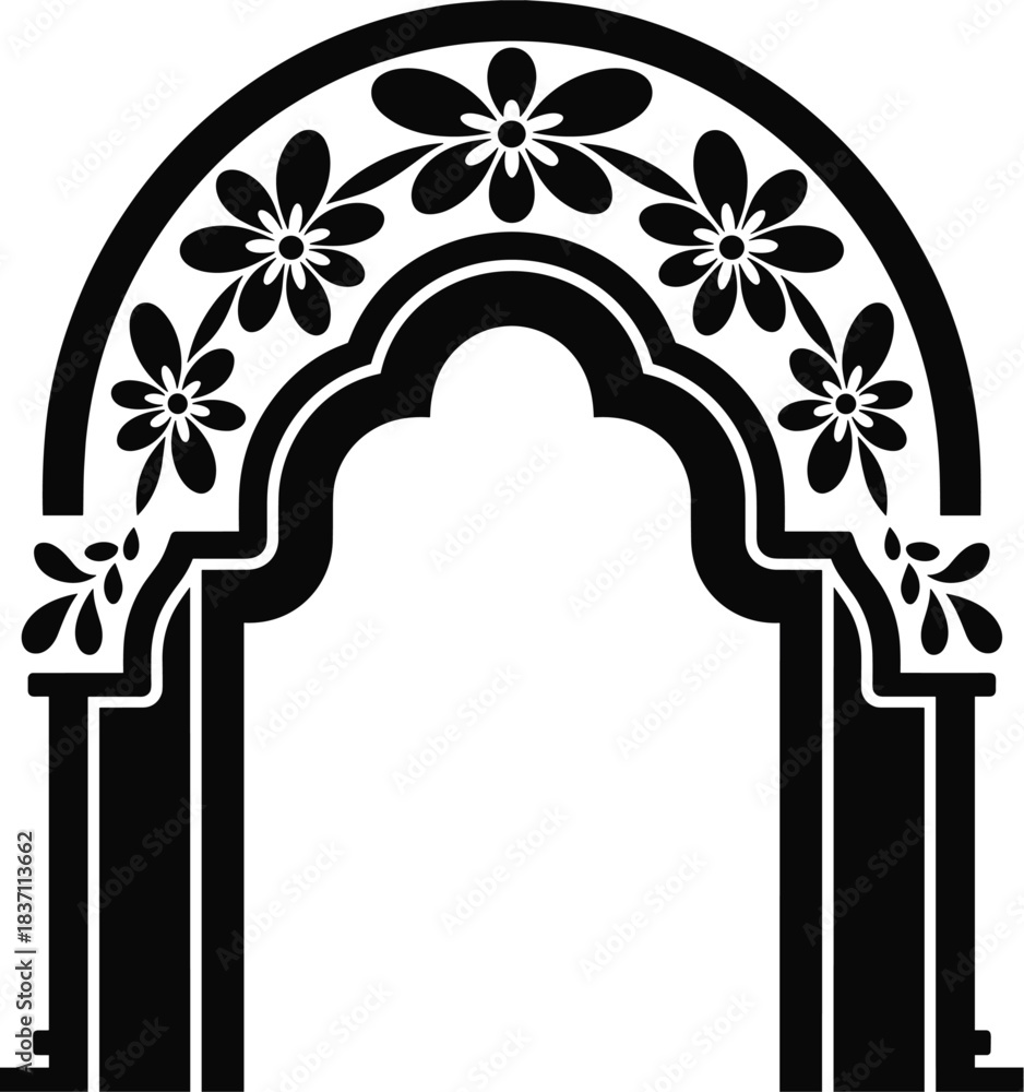 Fototapeta premium Black Gothic Archway with Floral Decorative Elements architecture