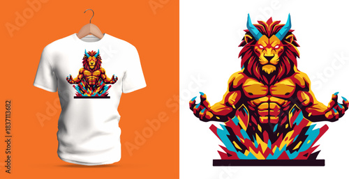 Epic t-shirt vector illustration of a powerful muscular lion statue rising from a vibrant geometric flame base, featuring a bold upright posture, fiery orange-and-gold mane, angular stylized body