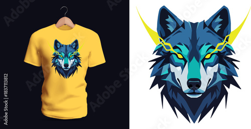 Detailed t-shirt vector illustration of a stylized neon wolf mask featuring sharp angular cheek lines, glowing blue and green highlights, deep shadow transitions, symmetrical face proportions