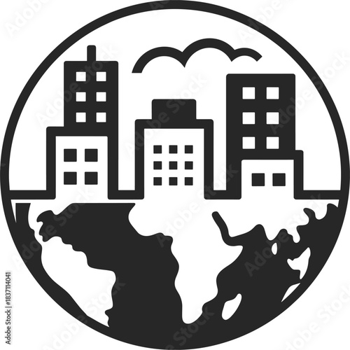 City Skyline on Top of the Globe Icon Keywords: city, skyline, buildings, skyscrapers, urban