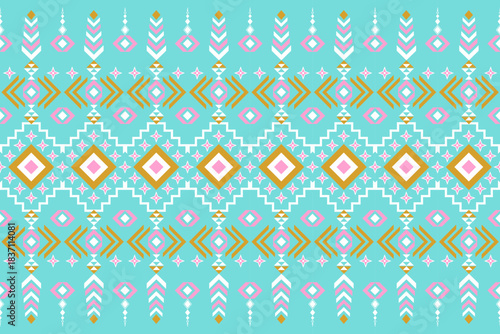 Seamless abstract geometric pattern with pink ,yellow and white color on light green background ,Native American tribal fabric, tile, carpet, vector, illustration design	