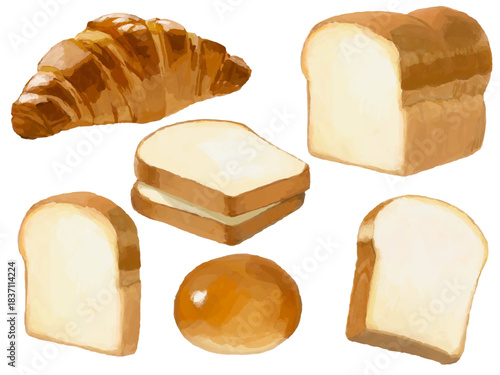 パンのベクターイラストセット(食パン・クロワッサン・つやつや丸パン)