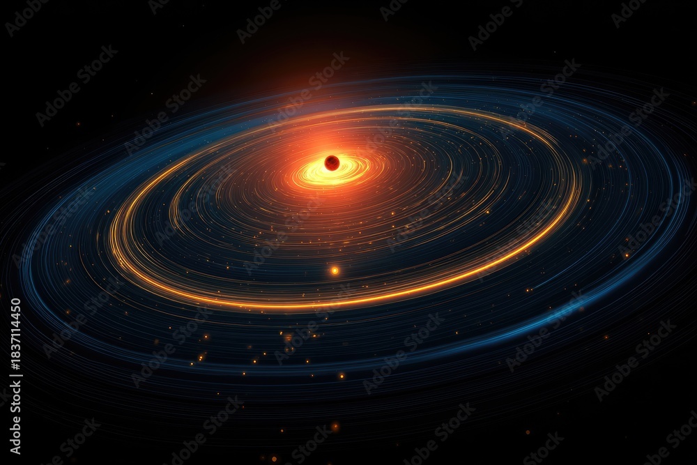 Obraz premium Digital render depicting a black hole surrounded by glowing, spiraling accretion disks against a black backdrop