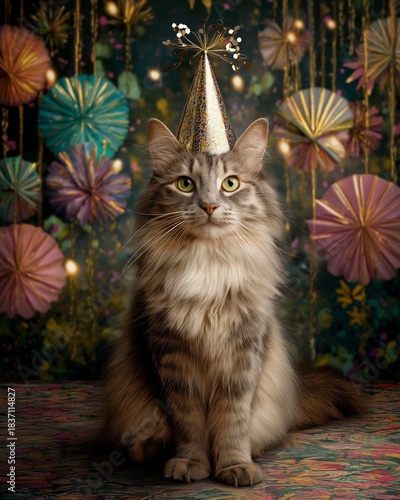 A charming cat wearing a colorful party hat surrounded by decorative elements. Festive atmosphere. Creative animal party concept.