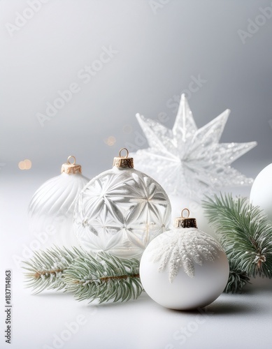Close-up of white Christmas decorations and green pine branches on white background with copy space