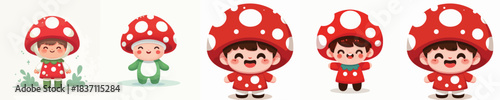 A little child wearin mushroom outfit