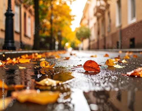 Close-up of wet road with fallen autumn leaves and buildings