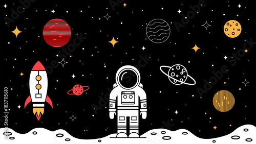 Astronaut on the lunar surface against a backdrop of beautiful space, planets, rockets, and stars. Vector illustration of a space background.