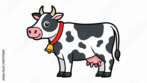 Cute Cartoon Dairy Cow with Black and White Spots Wearing a Red Collar and Golden Bell Standing Against a Black Background Simple Farm Animal Illustration