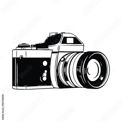 Black and white illustration of a vintage film camera with lens vintage camera retro camera