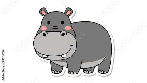 Cute cartoon hippopotamus illustration with blushing pink cheeks and simple gray body standing on a white background with a playful expression and large rounded ears