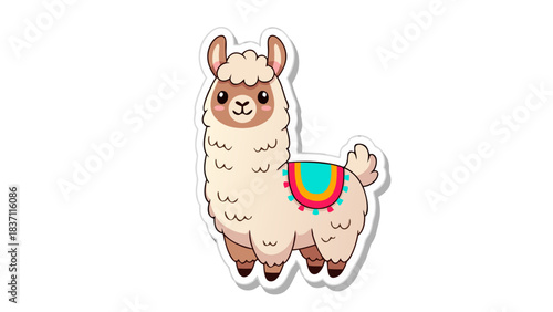 Cute Cartoon Llama With Colorful Blanket Adornment Standing Still Isolated On Black Background