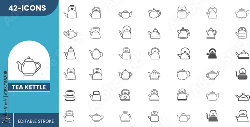 High-quality Editable icon Tea Kettle pack with customizable lines, ideal for beverage apps, kitchen tools, tea shop themes, culinary layouts, and menu design use.