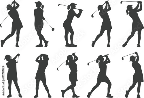 Silhouette of Women Golfers in Various Poses