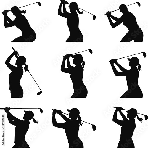 Silhouettes of a Woman Golfing in Various Poses