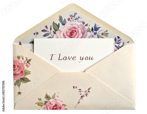  Vintage Floral Envelope With “I Love You” Card Partially Revealed, Romantic Stationery Design, Isolated on Transparent Background