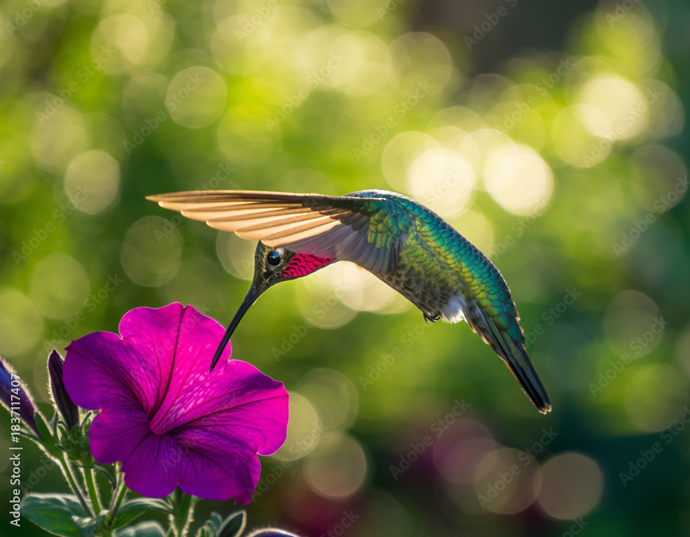 Naklejka premium Vibrant hummingbird hovering, poised to sip nectar from a purple flower. Evokes nature, beauty, and delicate balance. Ideal for greeting cards, websites, and art.