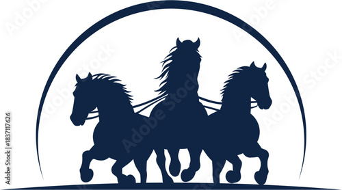 silhouette logo design of 3 running horses in dark blue