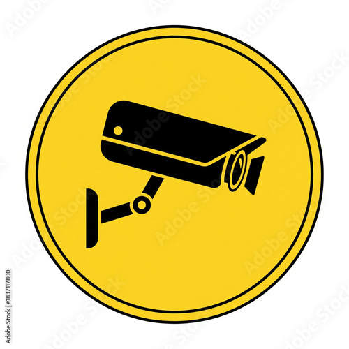 Bold black security camera icon within a bright yellow circle, representing essential surveillance, property protection, and advanced monitoring technology for enhanced safety and security